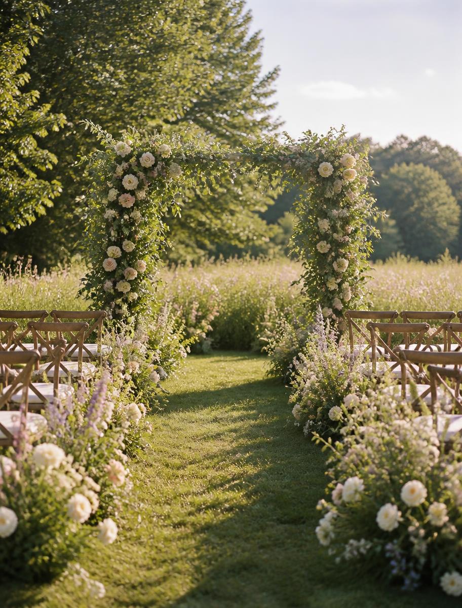English garden ceremony aisle with a floral arch in a meadow