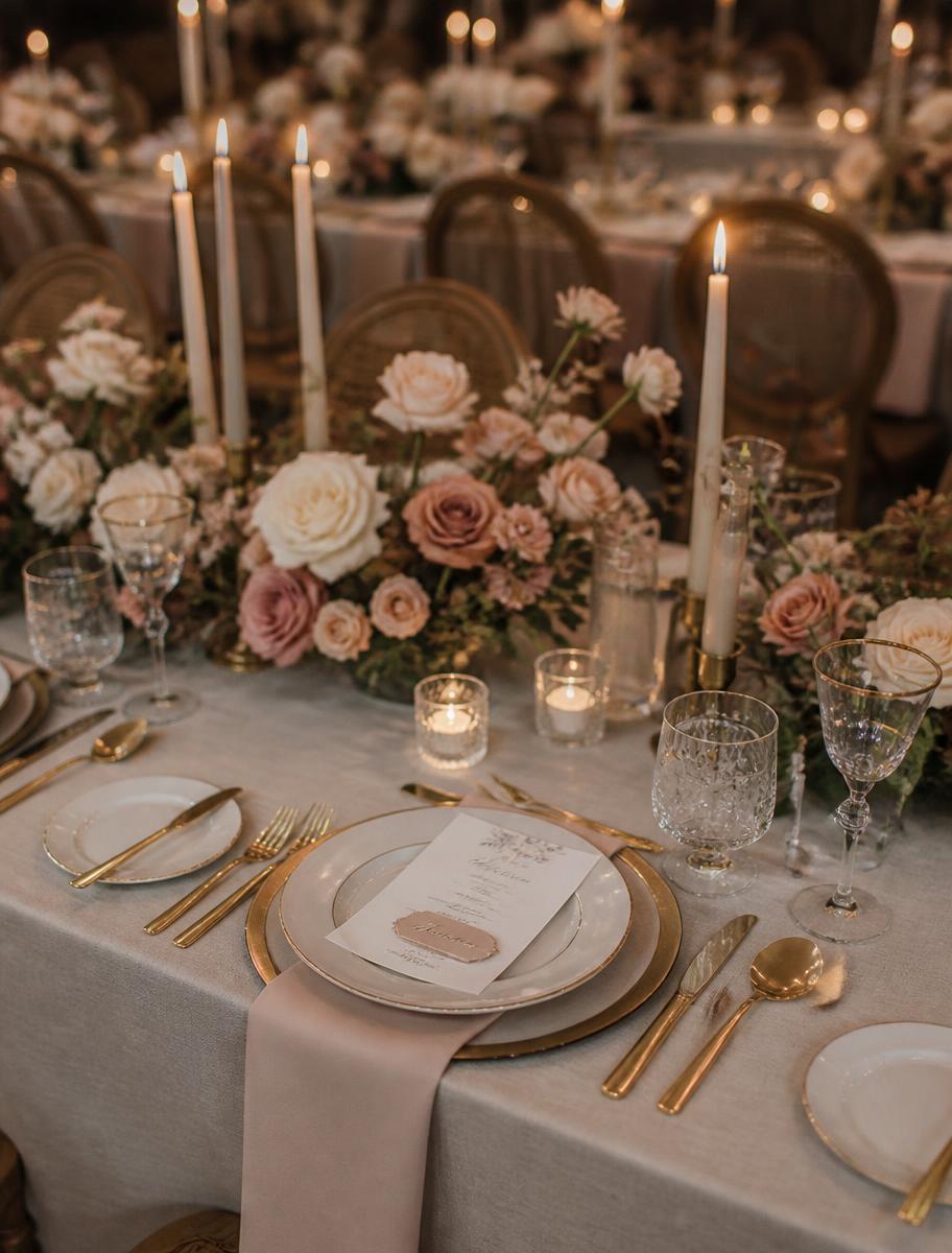 Blush and gold luxury wedding tablescape with taper candles